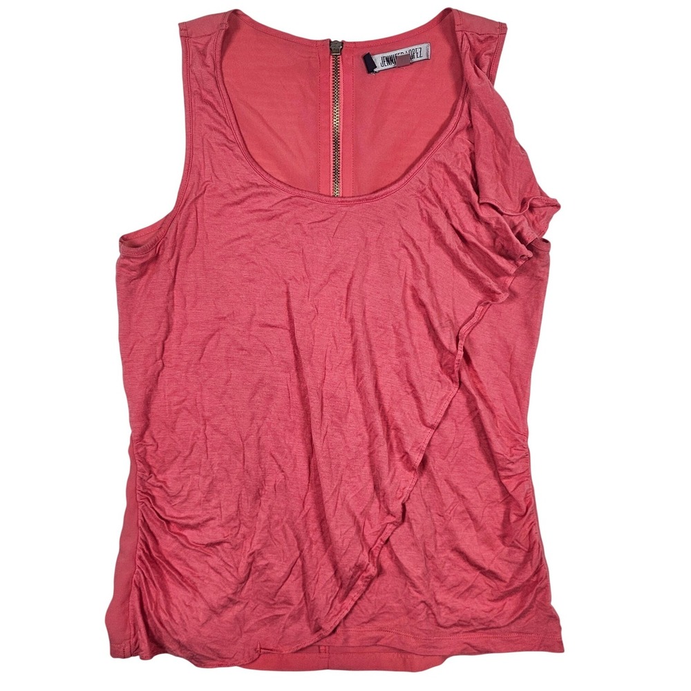 Jennifer Lopez Coral Pink Ruffle‎ Front Ruched Sleeveless Tank Top XS Zip Back